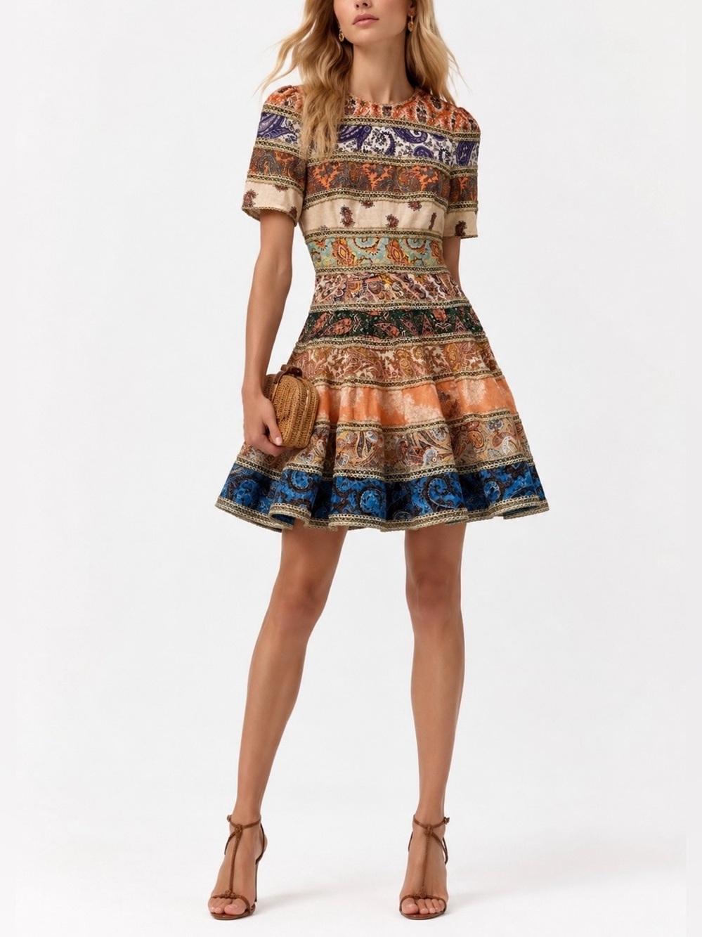 Zimmermann Devi Spliced Mini Dress Linen AU 0 Flared Patchwork Paisley Cut Out 4